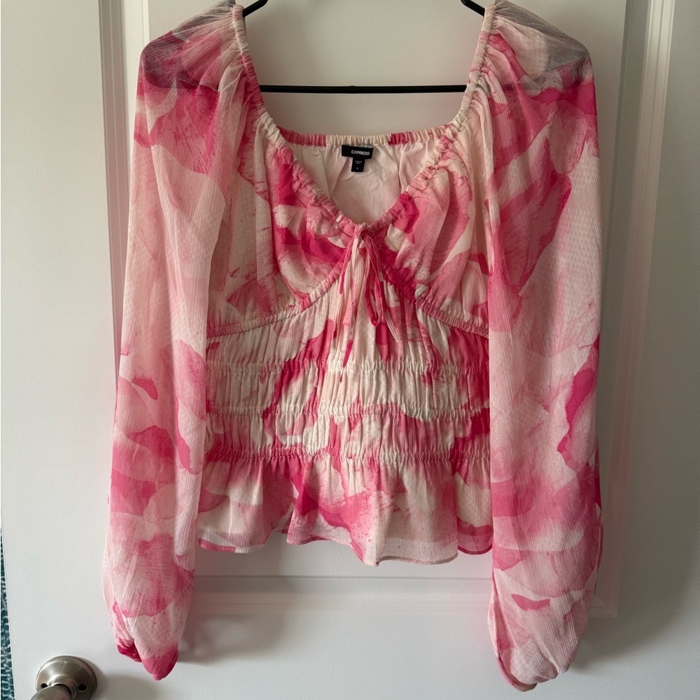 Express Pink and White Smocked Long Sleeve Blouse